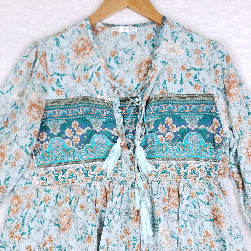 R Vivimos Boho Maxi Dress Womens M Floral Tassel Tie Balloon Sleeve Cottagecore - Picture 2 of 8